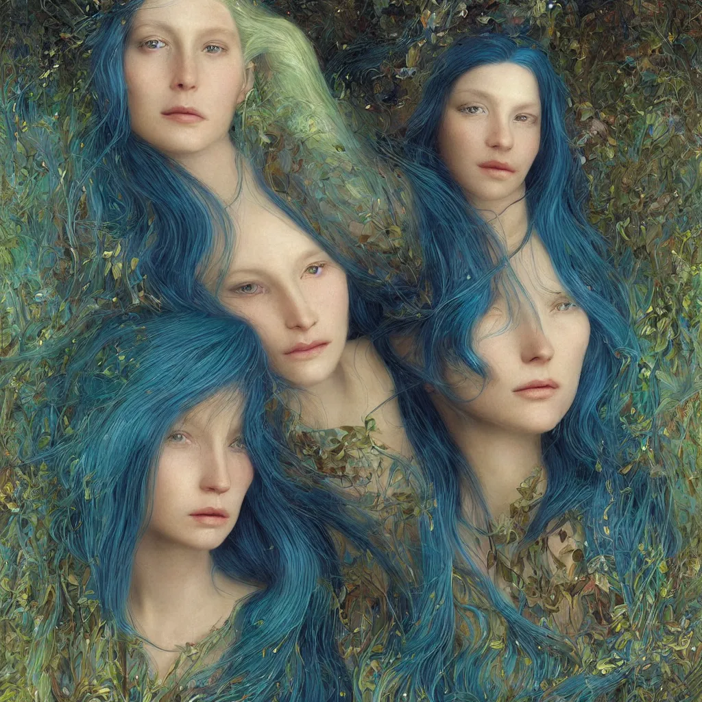 Prompt: A beautiful portrait of a woman with iridescent skin by James C. Christensen, scenic environment and blue hair