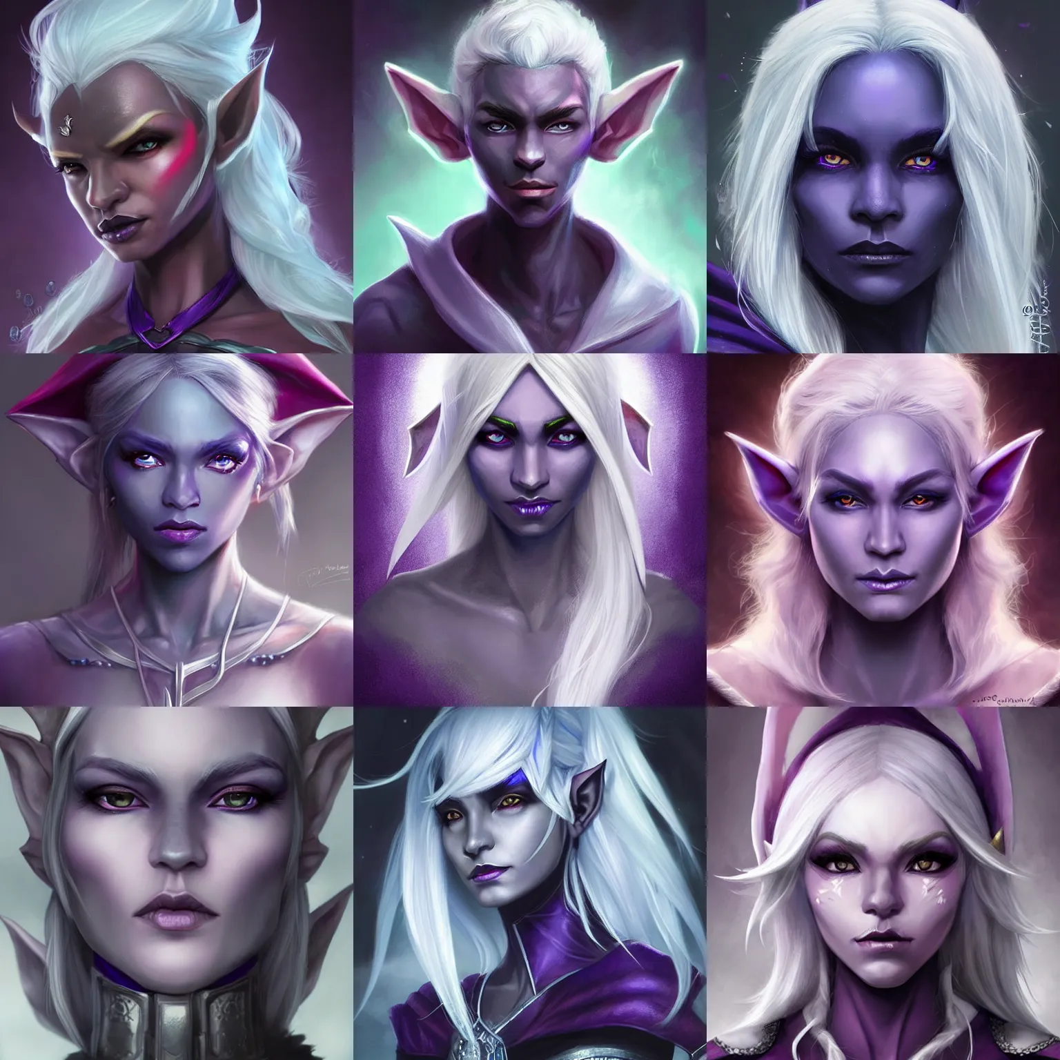 Prompt: fantasy elf drow with dark purple skin, silver hair, blue eyes, d & d, fantasy, portrait, highly detailed, headshot, digital painting, trending on artstation, concept art, sharp focus, illustration, art by artgerm and greg rutkowski and magali villeneuve