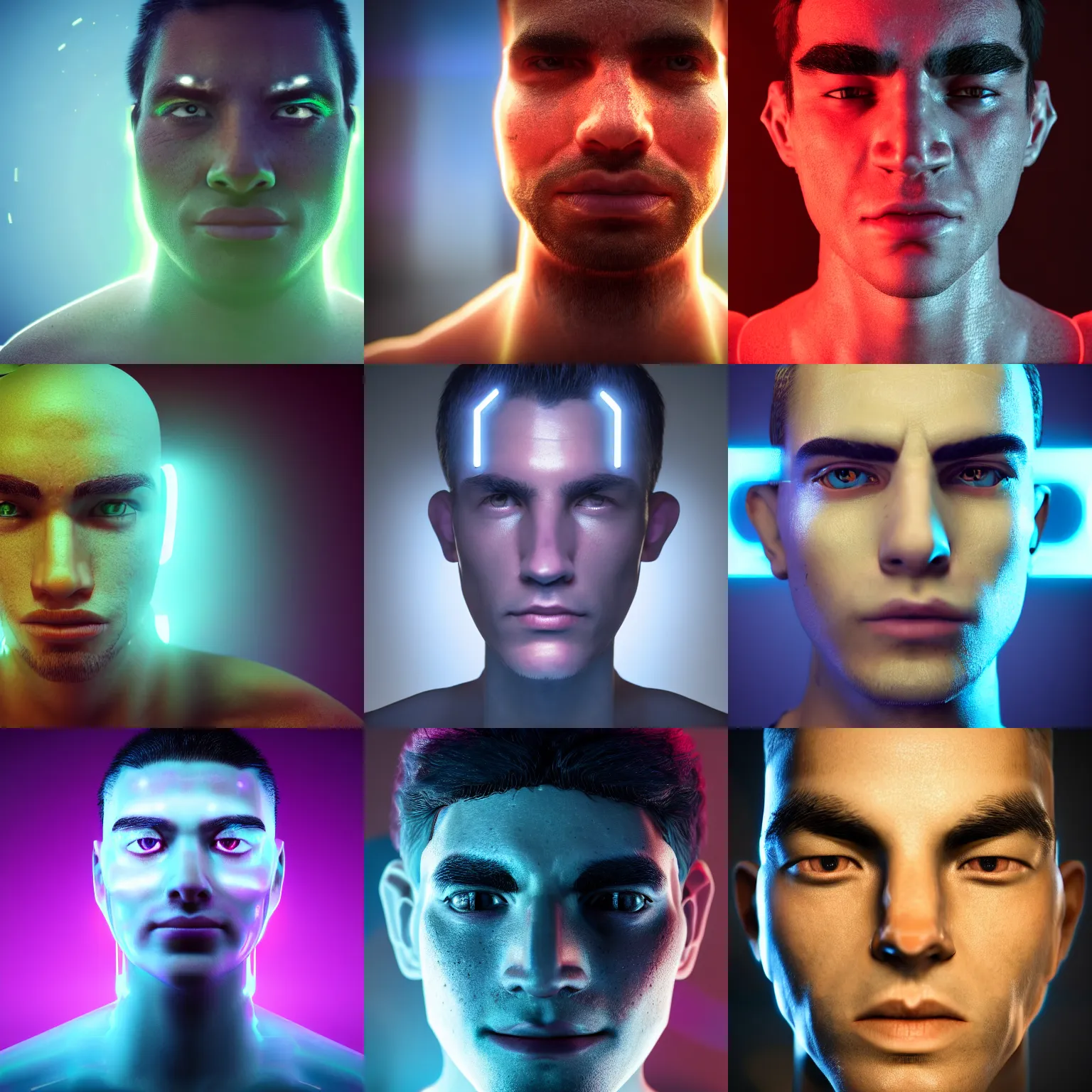 Prompt: macro portrait of a cyborg man's face, young, handsome, racially ambiguous, unreal engine, octane, blender, dark studio lighting, bright, glowing aura, vividly beautiful colors, bioluminescence, bioluminescent lighting, volumetric lighting
