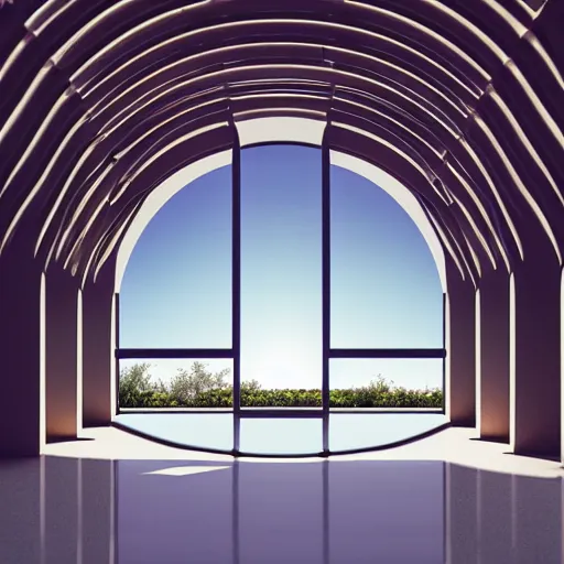 Prompt: minimalistic surreal interior with archs, architecture visualisation, glass 3 d objects, arcs, abstract pools around, sunny clear sky, redsfhit render