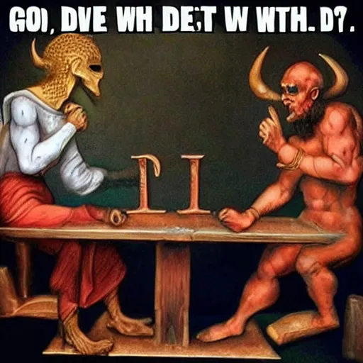 Image similar to god and the devil arm wrestling to see who wins the souls, ultra realistic photo,