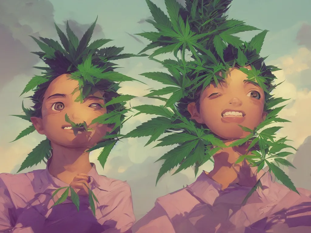 Image similar to kid with green purple flowers of marijuana hemp cannabis, behance hd by jesper ejsing, by rhads, makoto shinkai and lois van baarle, ilya kuvshinov, rossdraws global illumination, golden ratio, symmetrical beauty face