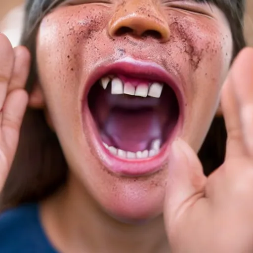 Prompt: a close up shot of a person screaming because a worm got on their face