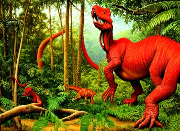 Prompt: red dinosaur in a lush jungle, oil painting, james gurney, highly detailed, golden hour