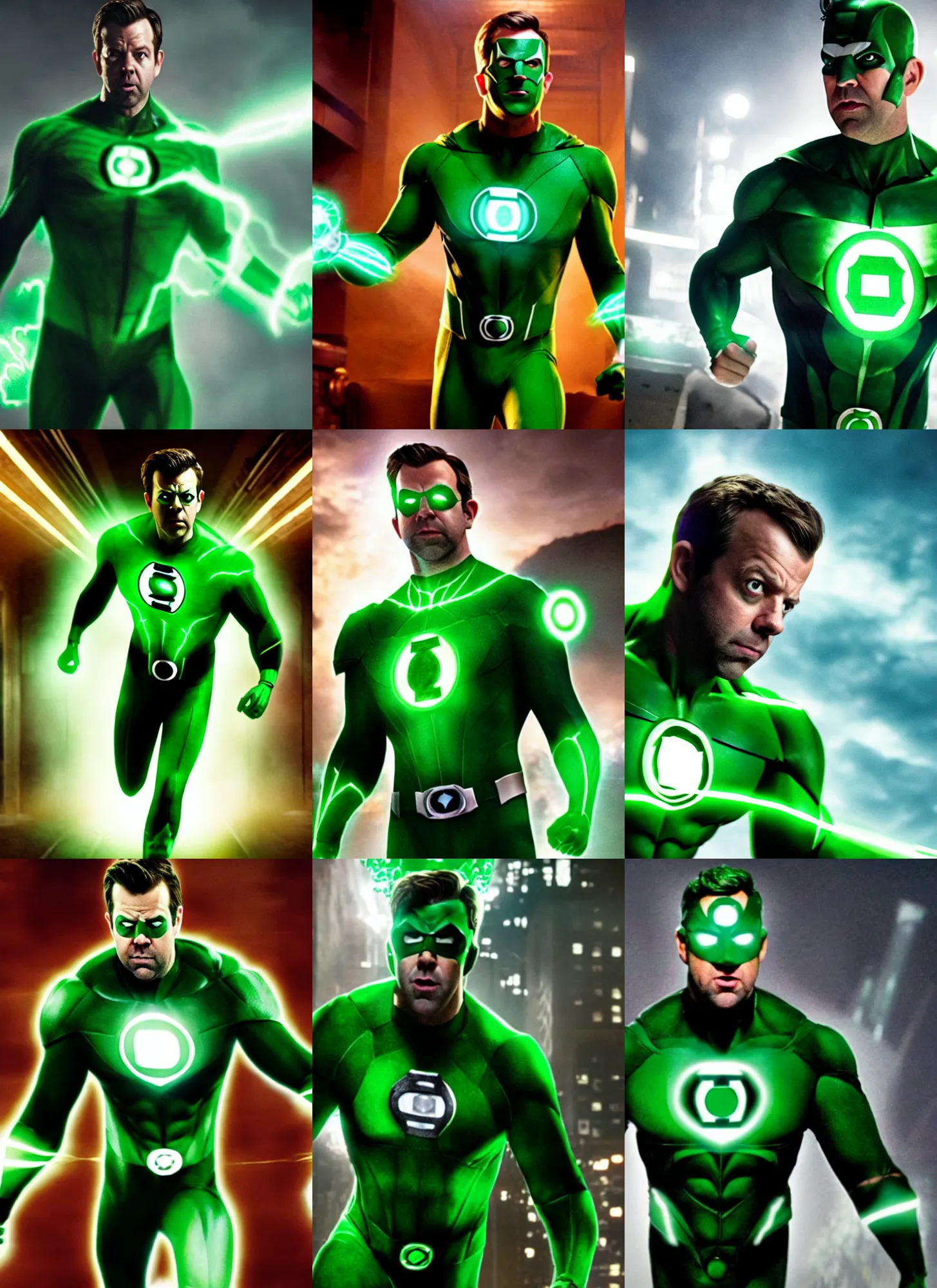 Prompt: a movie still of jason sudeikis as green lantern, detailed, dynamic lighting, heroic pose, 8 k hdr movie still