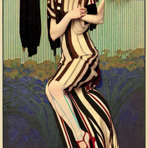 Prompt: a beautiful woman in striped nylons, art by coles phillips, mucha,