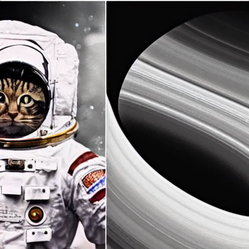 Image similar to Lomotype candid photography of an astronaut brown tabby cat with a bubble as a helmet, visiting Saturn, surrounded by bubbles