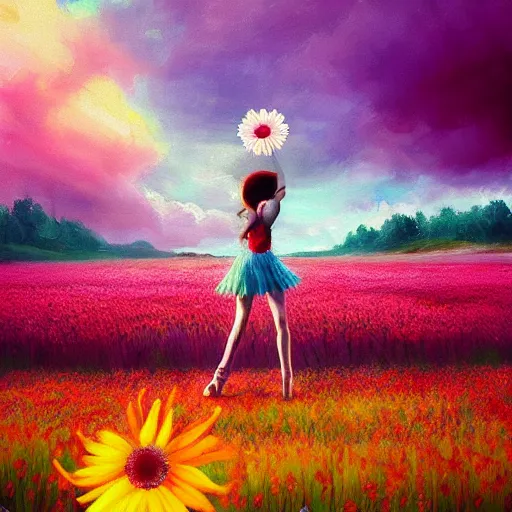 Image similar to giant daisy flower as head, girl ballet dancing in a flower field, surreal photography, sunrise, dramatic light, impressionist painting, colorful clouds, digital painting, artstation, simon stalenhag