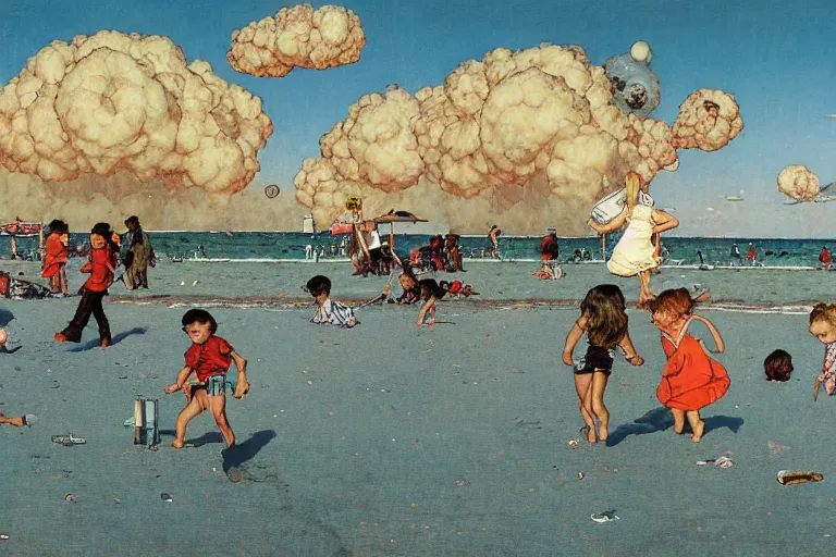 Image similar to children playing at the beach, huge atomic explosion in the background, wide angle shot, detailed, by norman rockwell, by mattias adolfsson, by moebius, oil on canvas,