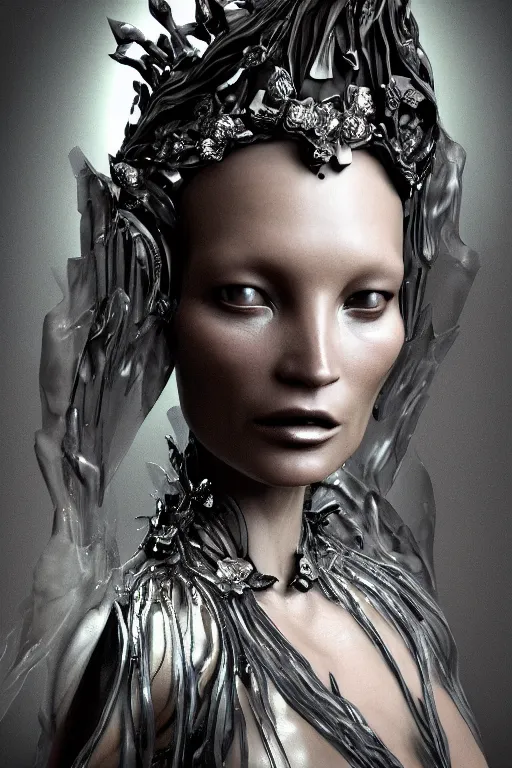 Image similar to a realistic dark photo of a beautiful ancient alien woman goddess kate moss standing in iris van herpen dress jewelery and fractals in style of alphonse mucha art nuvo dmt trending on artstation made in unreal engine 4