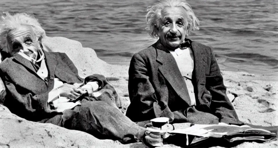 Image similar to Albert Einstein sat on a beach relaxing