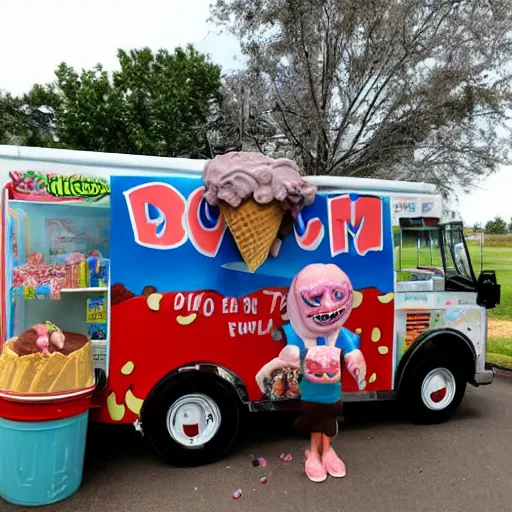 Image similar to the ice cream truck from hell is coming to kill you