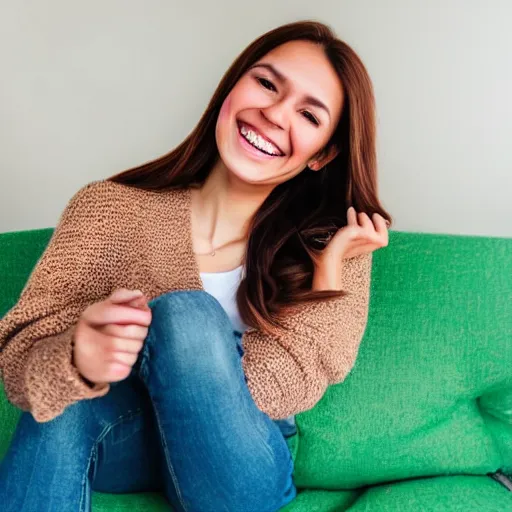 Image similar to a cute young woman smiling, long shiny bronze brown hair, full round face, green eyes, medium skin tone, light cute freckles, smiling softly, wearing casual clothing, relaxing on a modern couch, interior lighting, cozy living room background, medium shot, mid-shot, soft focus