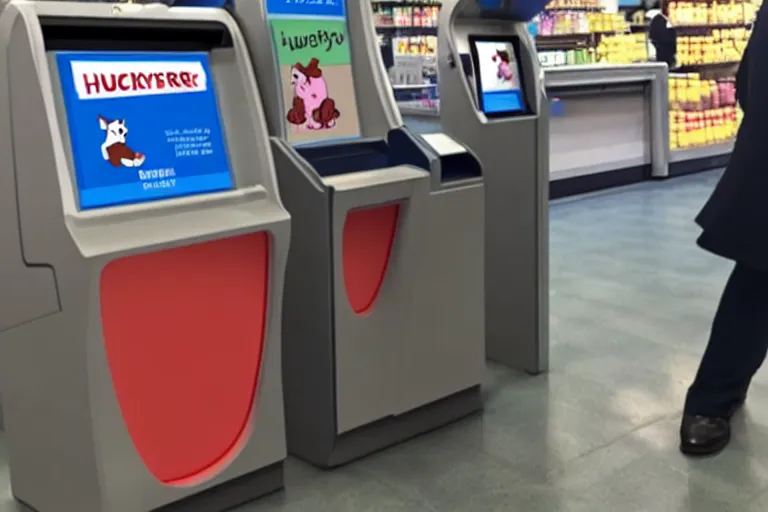 Image similar to huckleberry hound trying to use a self checkout with cash