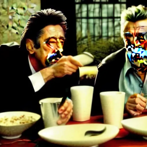 Prompt: movie still of the dinner scene in Heat, rendering of al pacino and robert de niro as old men, cinematic,