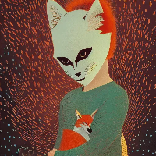 Image similar to little girl with fox mask on the prowl oil painting victo ngai