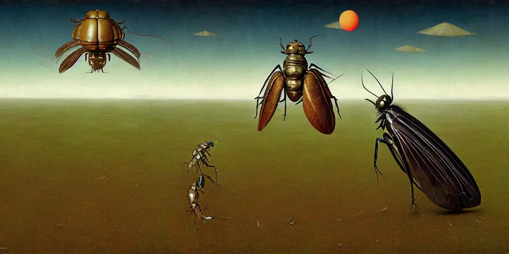 Image similar to cicada, as a matte oil painting, surreal, fog, concept art, award - winning, extremely detailed, sharp focus, very coherent and colorful high contrast masterpiece by norman rockwell franz sedlacek hieronymus bosch dean ellis simon stalenhag rene magritte gediminas pranckevicius, dark shadows, sunny day, hard lighting