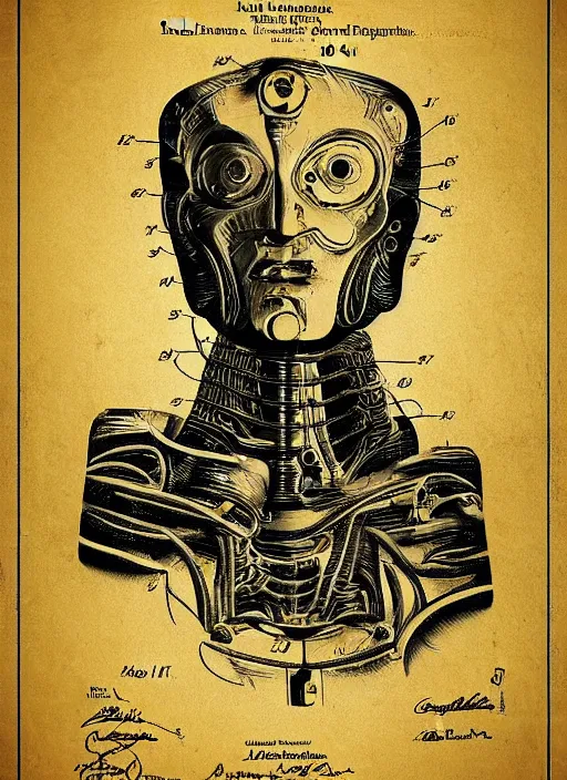 Prompt: patent drawing of a robotic david lynch by leonardo davinci, illustrations, intricate writing, concept art, labels, highly detailed