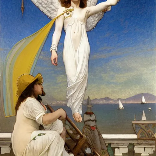 Prompt: An angel with jester hat and clothes on a greek circle archi on the front of a Balustrade with a beach and a sail boat on the background, major arcana cards, by paul delaroche, alphonse mucha and daniel garber daniel garber arnold böcklin hyperrealistic 8k, very detailed