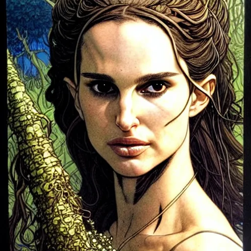 Prompt: a realistic, very beautiful and atmospheric portrait of a young natalie portman as a druidic warrior wizard looking at the camera with an intelligent but seductive gaze by rebecca guay, michael kaluta, charles vess and jean moebius giraud