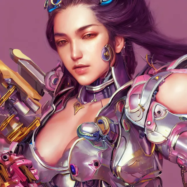 Image similar to studio portrait of lawful good colorful female holy mecha paladin absurdly beautiful, elegant, young skinny bikini model, ultrafine hyperrealistic detailed face illustration by kim jung gi, irakli nadar, intricate linework, sharp focus, bright colors, matte, octopath traveler, final fantasy, unreal engine highly rendered, global illumination, radiant light, intricate environment