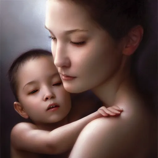 Prompt: pure love is patient love is kind, mother and child ; photorealistic oil painting by tom chambers and artgerm ; highly detailed cute faces by wlop ; trending on artstation ; 8 k high resolution, symmetrical, cinematic, high coherence, golden ratio, rule of thirds, perfectly centered ; anatomically correct faces