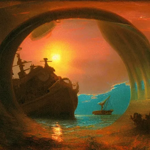 Prompt: sunset from inside underwater air bubble containing a sunken ship, many brightly colored fish and coral, leviathan, albert bierstadt, illustration