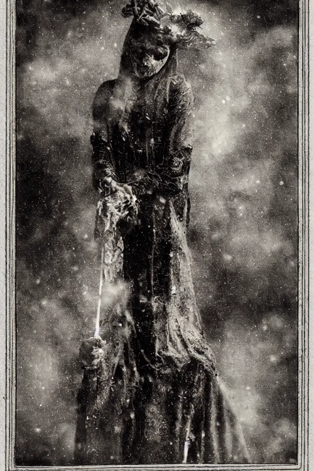 Image similar to wet plate photograph of sun tarot card victorian era, coal dust, in the style of brothers quay