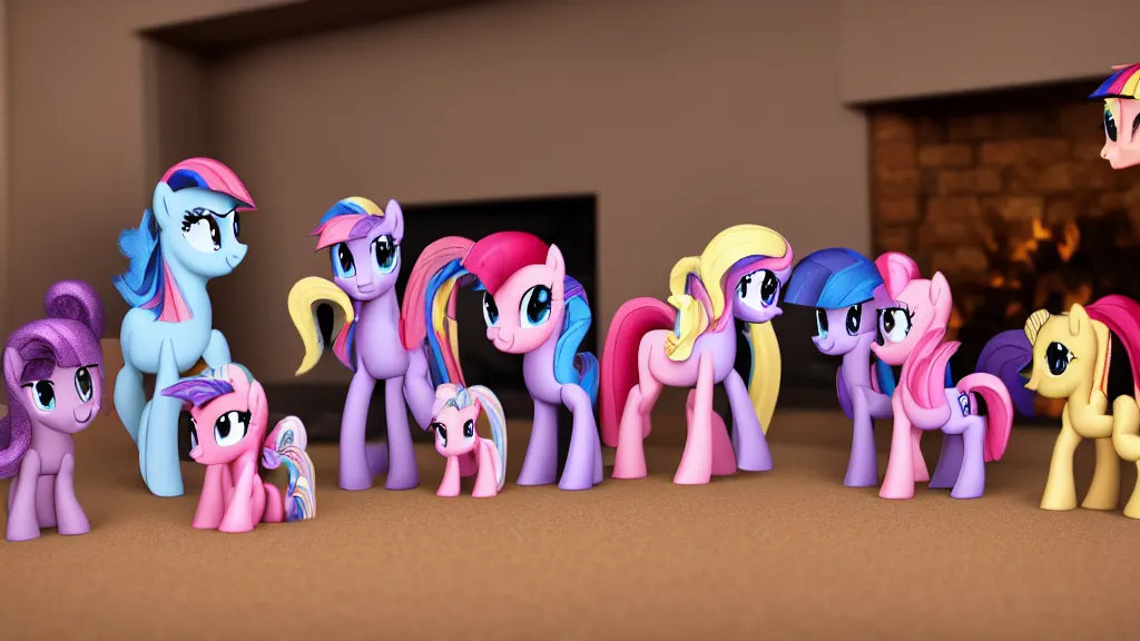 Prompt: A wholesome scene of My Little Pony figurines in front of a fireplace, 4k, 8k, photography, studio lighting