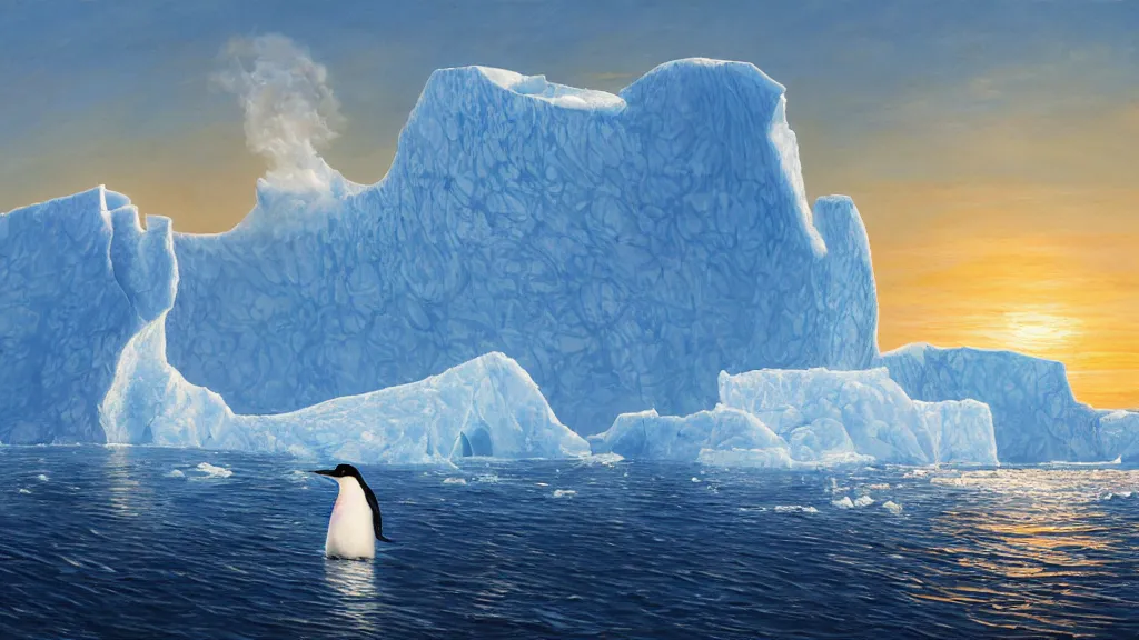 Image similar to the most beautiful panoramic landscape, oil painting, where a giant iceberg is lost in middle of the artic ocean, a giant penguin is exhaling steam while walking over the iceberg, the artic ocean is reflecting the giant penguin over the iceberg and the ray lights of the sunset are brightening him, by greg rutkowski