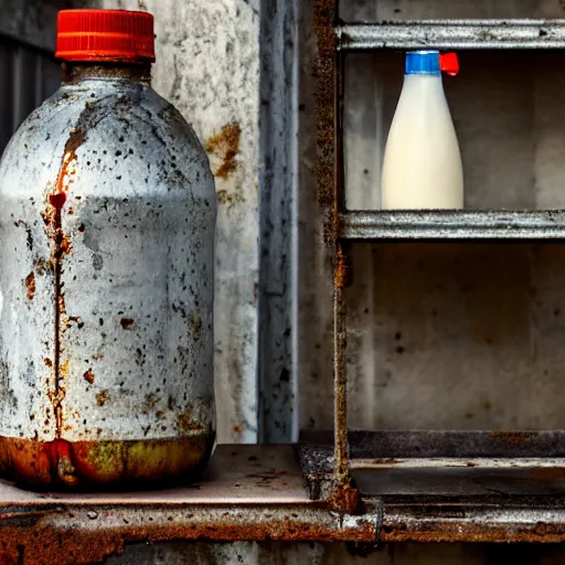 Image similar to bottle of milk, over a rusted metal table inside slaughterhouse