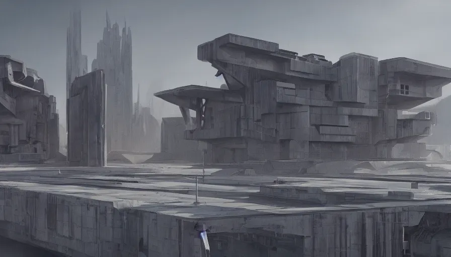 Image similar to big brutalist base, jama jurabaev, greig fraser, roger deakins, cinematic shot, trending on artstation, high quality, brush stroke