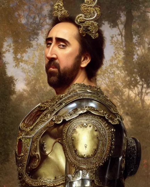 Image similar to Nicolas Cage, dressed in ornate, detailed, intricate iridescent opal armor, detailed oil painting by William Adolphe Bouguereau and Donato Giancola