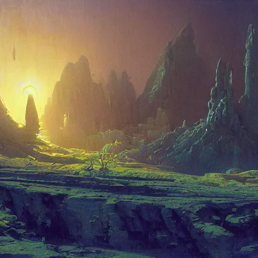 Prompt: green moonlit desert, surrealism, by Tyler Edlin and Jean Delville, by John Berkey and Filip Hodas, sci-fi concept art, Beeple, highly detailed, soft lighting, rendered in octane, by Roger Dean, by Dean Ellis, catholicpunk, german romanticism style, oil on canvas, cinematic lighting, vibrant, concept art, gothic, contrasting, nightscape