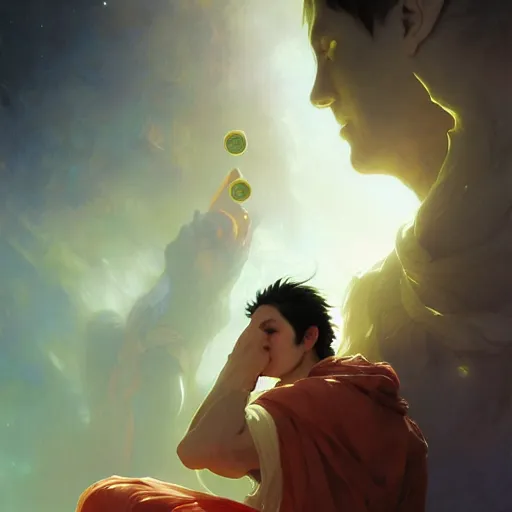 Image similar to A man drinking a cup of cosmic energy bright light, illustration by Ruan Jia and Mandy Jurgens and William-Adolphe Bouguereau, Artgerm, 4k, digital art, surreal, anime style, space dandy style, highly detailed, godsend, artstation, digital painting, concept art, smooth, sharp focus, illustration by Ruan Jia and Mandy Jurgens and William-Adolphe Bouguereau, Artgerm