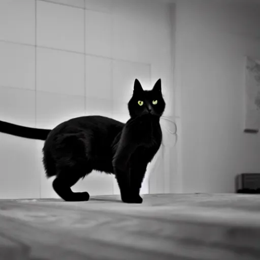 Prompt: a beautiful photo of a black cat posing on a catwalk