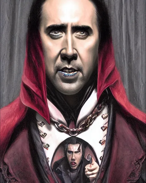 Prompt: nicolas cage as dracula vampire, highly detailed, centered, artstation, concept art, smooth, sharp focus, illustration, bokeh art by artgerm and donato giancola and joseph christian leyendecker