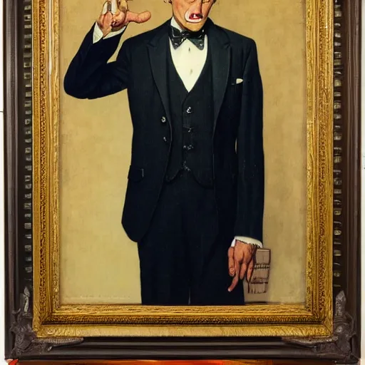 Prompt: front of portrait of a dapper man throwing gang signs, like an urban gangster, by Norman rockwell and gerald Brom