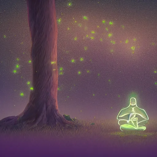 Image similar to A cyborg meditating under a tree at night, fireflies flying around him, photorealistic style