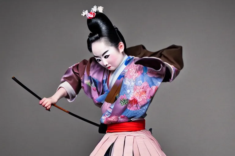 Prompt: beautiful photo of a geisha samurai warrior, mid action swing, muted pastels, action photography, 1 / 1 2 5 shutter speed, back lit lighting