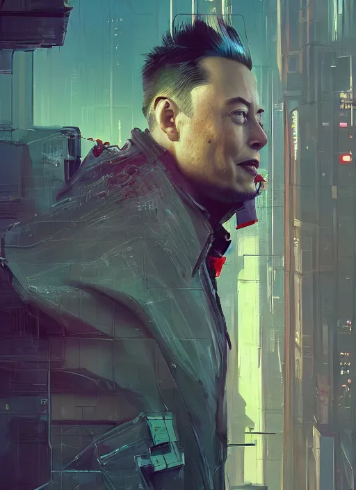 Image similar to a beautiful portrait of elon musk in cyberpunk city. character design by cory loftis, fenghua zhong, ryohei hase, ismail inceoglu and ruan jia. artstation, volumetric light, detailed, rendered in octane