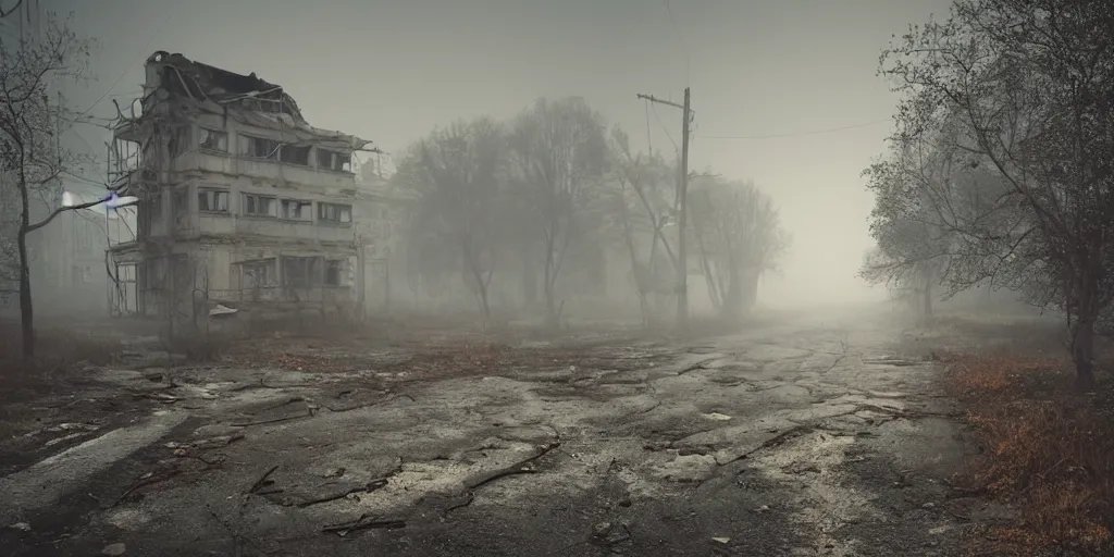 Image similar to abandoned houses, dilapidated Chernobyl city street, fog, rain, volumetric lighting, beautiful, golden hour, sharp focus, ultra detailed, cgsociety