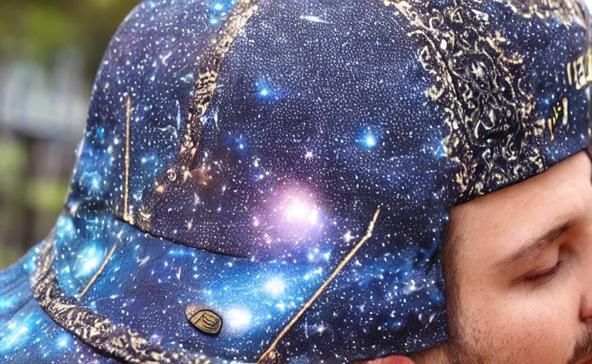 Prompt: wizard with the universe as a pattern on his hat, hd, highly detailed, intricate