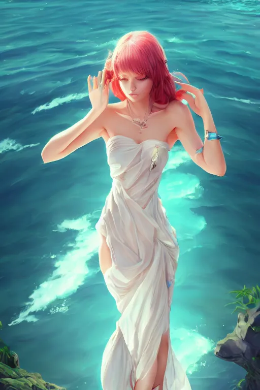 Image similar to a beautiful fashion goddness of love, chic strapless dress, tropical sea background, character design, in the style of artgerm, and wlop, cinematic lighting, hyperdetailed, 8 k realistic, symmetrical, global illumination, radiant light, frostbite 3 engine, cryengine, dof, trending on artstation, digital art