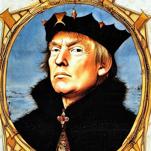 Prompt: donald trump wearing knights armor, donald trump holding a crazy broadsword, donald trump ’ s highly detailed face, donald trump ’ s handsome face, by hans holbein