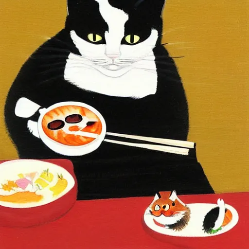 Prompt: Angry girl eats sushi while her jealous cat is watching, painting by Yoshitomo Nara