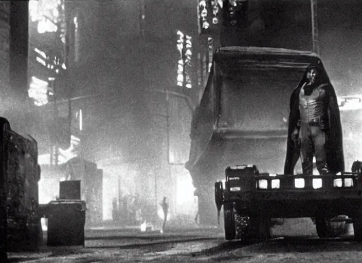Image similar to scene from the 1912 science fiction film Blade Runner with the main character standing next to a vehicle