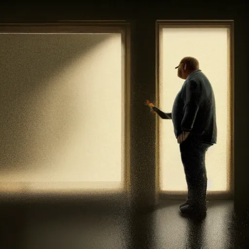 Image similar to high quality high detail painting by john salt, realistic peter griffin from family guy standing in a basement with concrete floor. light ray from a blurry window, floating dust, motion blur, gloomy, stippled walls, cinematic shot, epic, realistic, 4 k, perfectly defined features