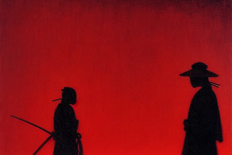 Image similar to only with red, a red samurai harakiri, tokio, a lot of frogs watch, in the style of beksinski, parts by edward hopper, parts by rodcenko, parts by yue minjun, intricate and epic composition, red by caravaggio, insanely quality, highly detailed, masterpiece, red light, artstation, 4 k