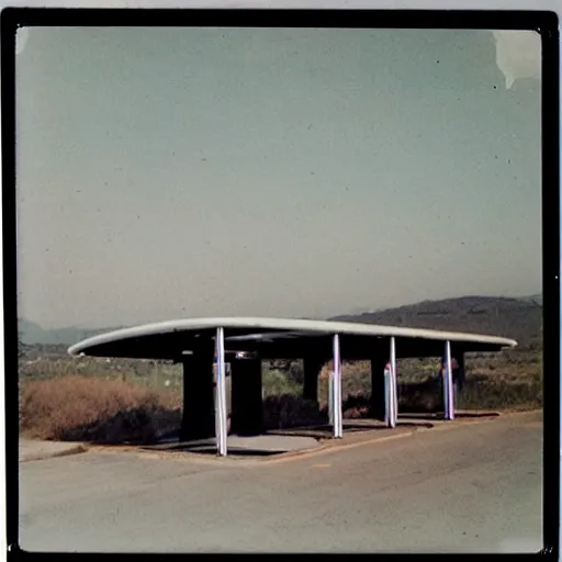 Image similar to old polaroid of futuristic african bus stops